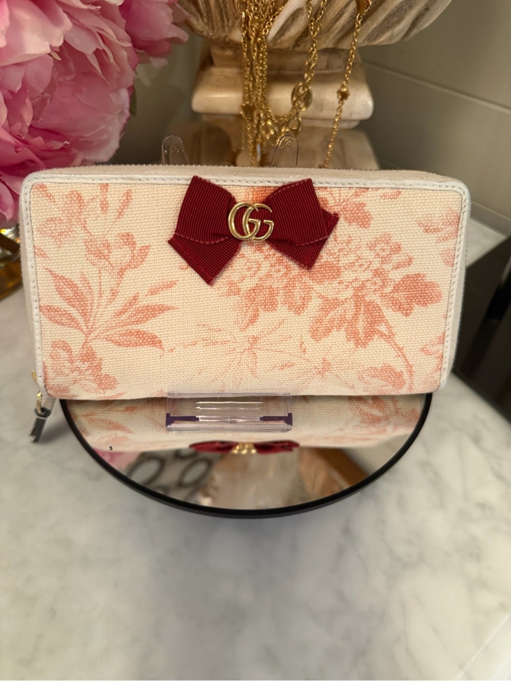 Gucci Cream Canvas Long Ziparound Wallet w Red Bow + Coral Floral Print + Dusty - Picture 14 of 16
